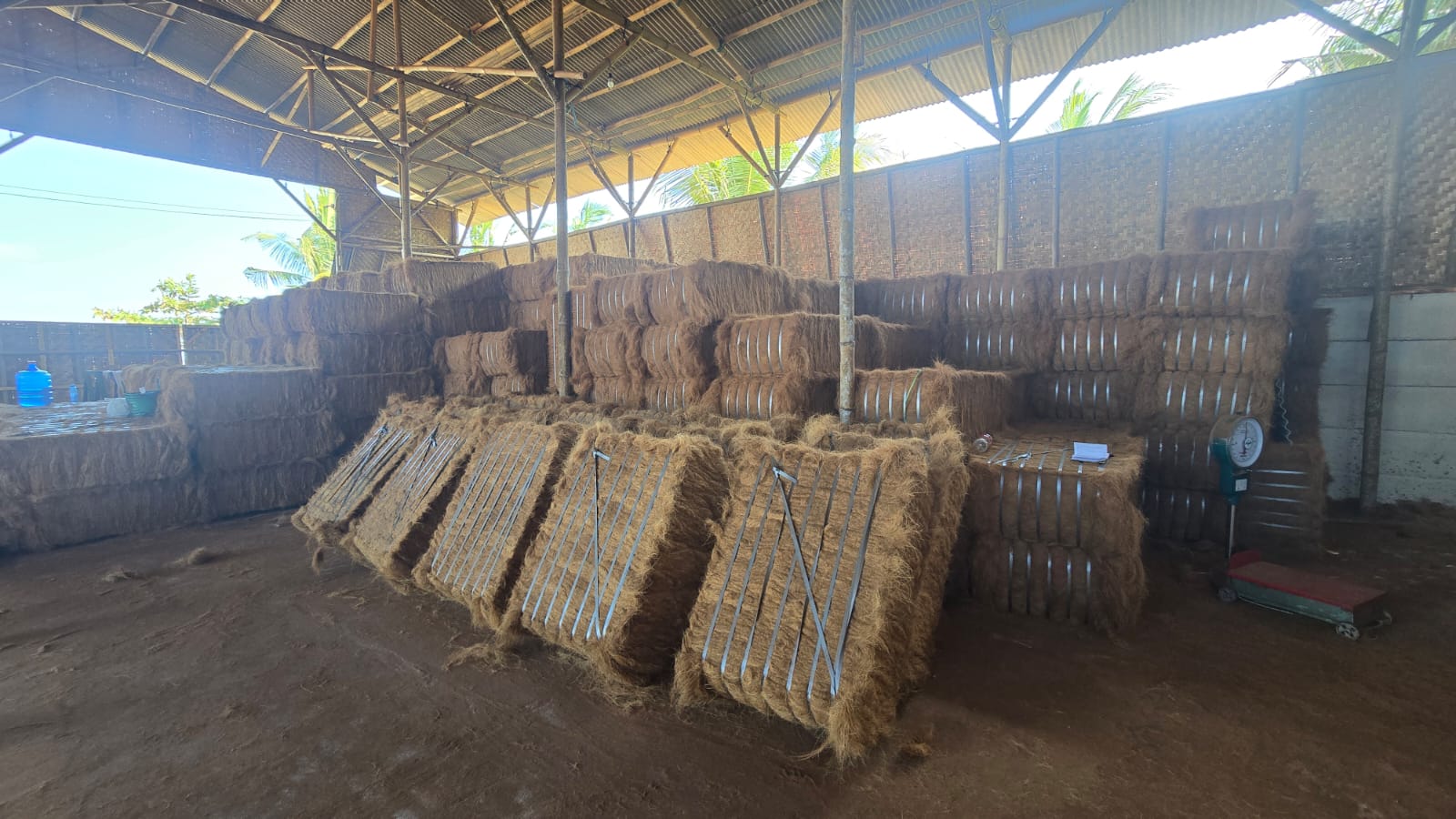 Baled coco fiber stacked and ready for export